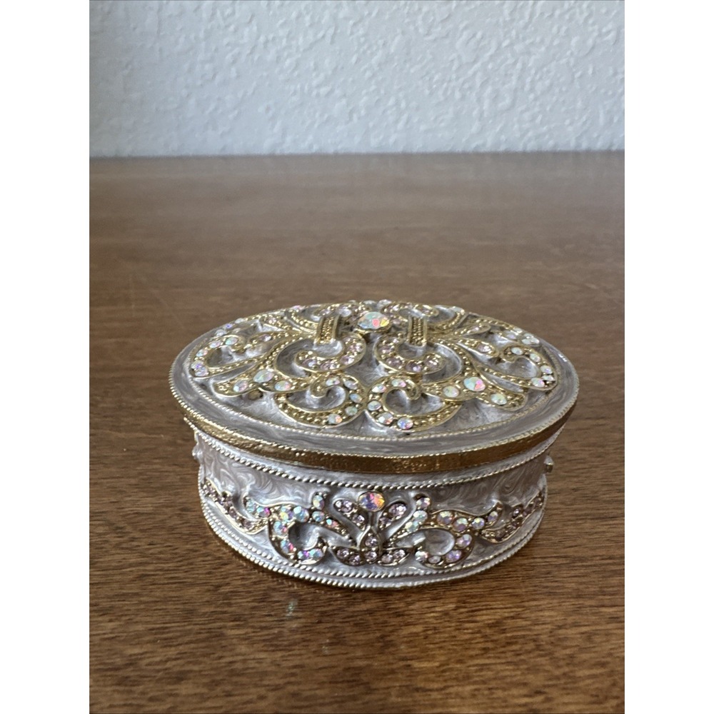 Vintage Hollywood Regency Oval Trinket Box Bejeweled Sunburst Base Green Enamel